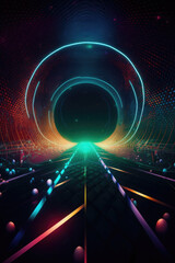 A magical realistic glowing hyper - realistic futuristic colorful mesmerizing, cyber hypnotic pattern in the style of dimensional illusion of a landscape with glowing moon and star. 