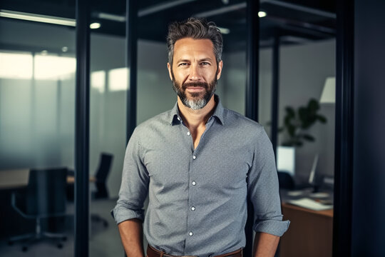 Portrait business man with shirt stands in modern office and looks at camera - theme success, boss, boss or career - Generative AI