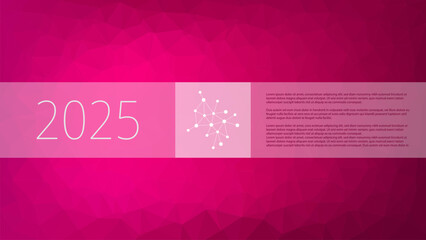 Polygonal vector, low poly pattern. Pink gradient triangle background, network icon, sample text. Illustration for 2025 year infographic, web, design elements, business, science, landing page