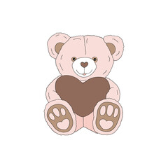 St Valentine Day cute vintage soft bear toy gift vector illustration isolated on white. Pastel colours romantic stuffed animal plaything print for 14 February holiday.