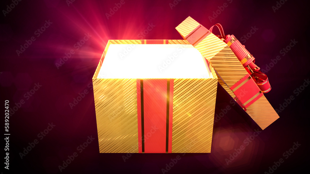 Poster opened golden and red gift with light from inside - object 3d rendering