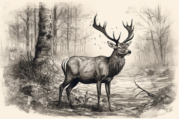 Hand drawn deer in his natural habitat. Ink illustration. Generative AI