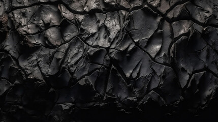 Volumetric rock texture with cracks. Black stone background with copy space for design. Generative AI.