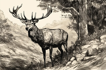Hand drawn deer in his natural habitat. Ink illustration. Generative AI