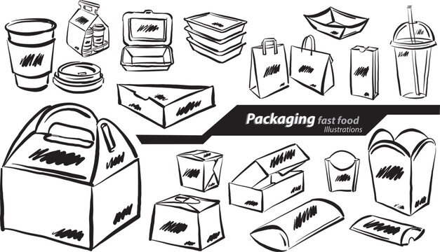 packages of fast food marketing products brush stroke vector illustration