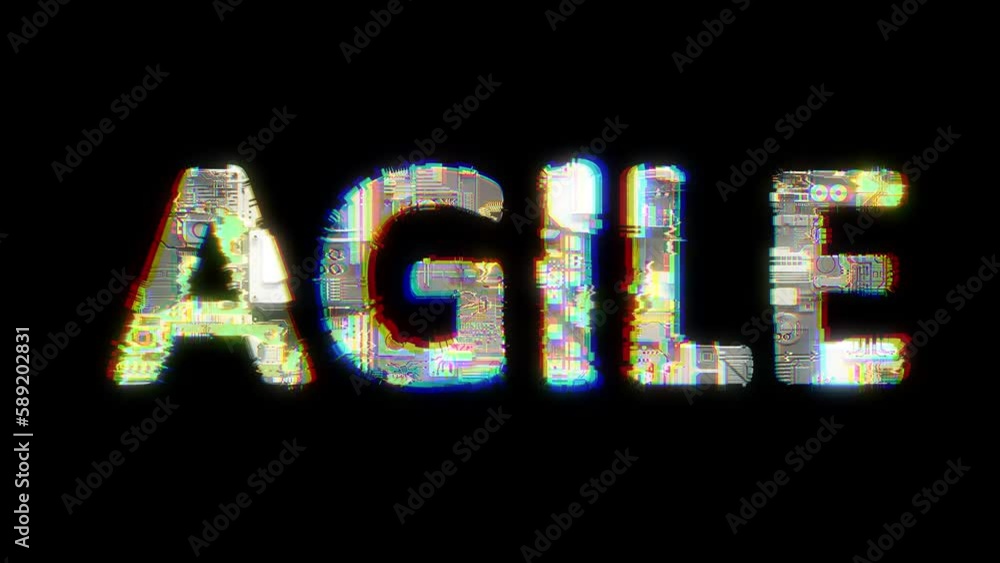 Poster glitch style cybernetical animated text agile on black background, isolated - loop video
