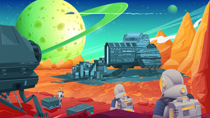Hand -drawn vector fantastic cosmic illustration of people on spacecraft that landed on an orange planet with a planet against the background.