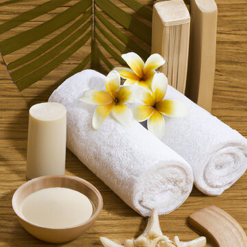 Tropical spa composition with towels, soaps, candles and seashells for women. The image was created with Generative AI technology.