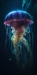 Glowing jellyfish under water. Generative AI