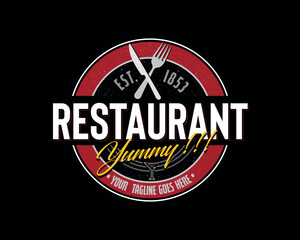 Restaurant Logo Design in Black, Red and Yellow detail in Black Background
