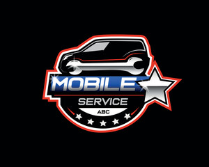 Mobile Mechanic Service Logo in Black, Blue and Red Colours with Black Background
