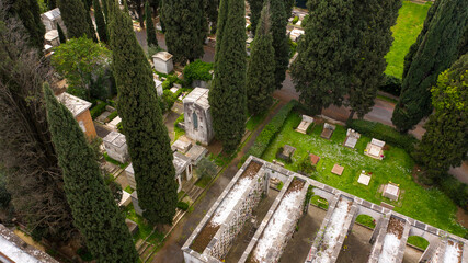 Aerial view of Campo Verano, a monumental cemetery located in the historic center of Rome, Italy. The cemetery has Christian catacombs and many graves of famous people.
