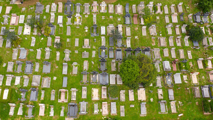 Aerial view of Campo Verano, a monumental cemetery located in the historic center of Rome, Italy. The cemetery has Christian catacombs and many graves of famous people.
