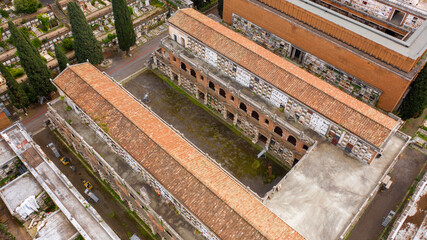 Aerial view of Campo Verano, a monumental cemetery located in the historic center of Rome, Italy. The cemetery has Christian catacombs and many graves of famous people.
