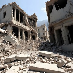 Fototapeta premium massive earthquake destroy collapse building, generative art by A.I.