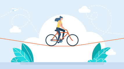 Businesswoman is riding a bicycle on rope. Acrobat, performer, challenge concept. Young woman acrobat circus artist riding on bike on a rope over blue sky. Confidence skill success. Flat illustration