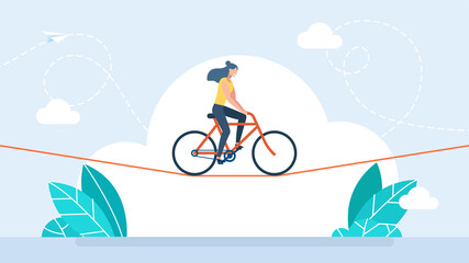 Businesswoman is riding a bicycle on rope. Acrobat, performer, challenge concept. Young woman acrobat circus artist riding on bike on a rope over blue sky. Confidence skill success. Flat illustration © Yurii