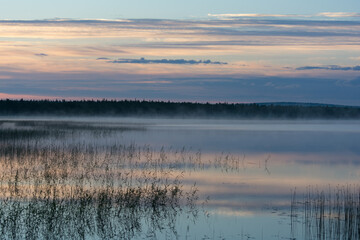 Fototapeta premium A misty lake at nordic summer night