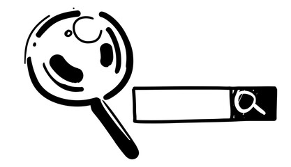 Black magnifying glass with search box. Internet search concept. Stock vector illustration with magnifying glass in doodle style.