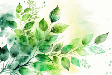Spring floral watercolor background in green with leaves. Generative AI illustration.