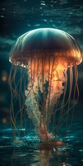 Glowing jellyfish under water. Generative AI