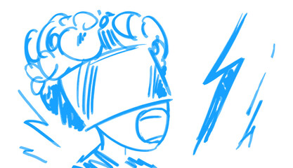 Screaming curly boy in vr glasses on a white background. Sketch of a delightful teenager in blue marker drawing style. Stock vector illustration.