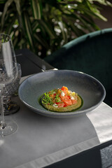 Salmon and avocado ceviche with cream cheese. Healthy diet food. Chilean traditional food