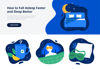 Sleep better tips. Comfortable bed and pillow, herbal tea, face mask. Trendy flat vector illustrations for web banner or landing page.