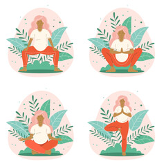 Pregnancy Yoga and Meditation Woman Poses Set