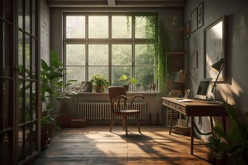 The Ideal Home Office, with perfect lighting, nice house plants, and a view from behind a person sitting naturally on a chair. The calm and serene mood invites the viewer to appreciate.