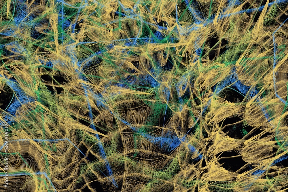 Poster yellow blue pattern of crooked waves on a black background. abstract fractal 3d rendering