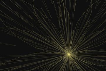 Yellow glowing pattern of crooked rays from the center on a black background. Abstract fractal 3D rendering