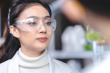 eco skin care beauty products in laboratory development concept, Natural drug research with organic plants and scientific extraction in glassware, Alternative green herb medicine for body health care