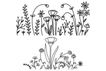 Set of hand drawn doodle line flowers and plants. Vector illustration