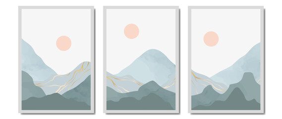 Blue mountains background vector. A set of paintings. Landscape minimalist art with sun and watercolor texture, golden lines. Modern contemporary art design for acrylic canvas, digital prints