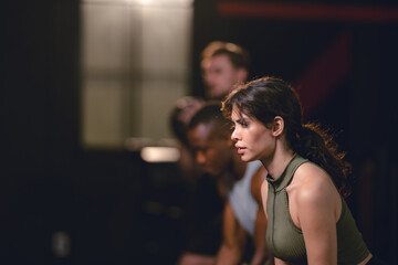 Personal trainer coach helping young woman exercising in the sport gym, exercise training workout in fitness, body healthy active in sport lifestyle, happy girl bodybuilding with sportswear