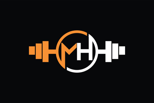 Letter M,H, HM OR MH Logo With barbell. Fitness Gym logo Vector.