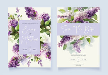 Floral Wedding invitation card. Watercolor lilac flowers.