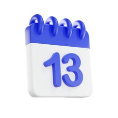 3d rendering calendar icon with a day of 13. Blue and white color.