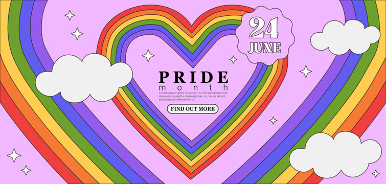 Lgbt pride month festival social media banner, web page, greeting card, placard, flyer or poster. Lgbtq event invitation with heart shape frame on pink background in trendy outline cartoon style.