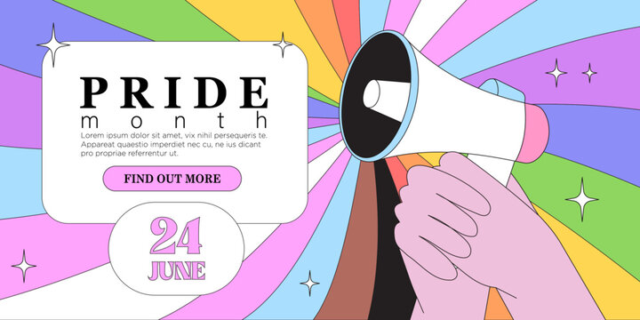 People hand hold loud speaker with lgbt rainbow. Pride month festival, parade or march celebration against violence, descrimination. Lgbtq greeting card, social media or web banner, placard or poster.