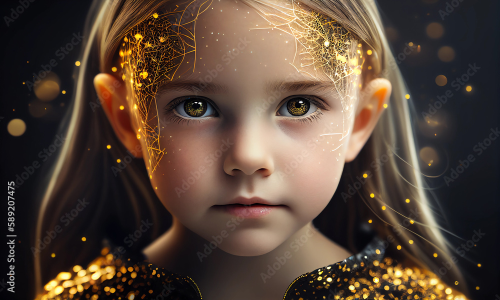 Poster a close up of humanoid cyber young little girl with a neural network thinks. artificial intelligence