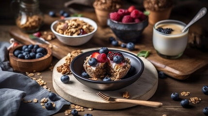 Obraz na płótnie Canvas Healthy breakfast set with coffee and granola. Generative AI.