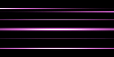 A set of horizontal highlights. Laser beams, horizontal light beams. Beautiful light flashes. Glowing stripes on a dark background.