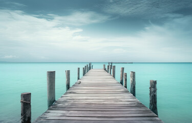 the end of a wooden dock in the water and over a blue sky