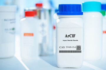 ArClF argon chloride fluoride CAS 53169-15-6 chemical substance in white plastic laboratory packaging