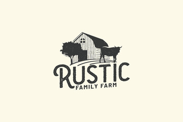 rustic farm logo with a combination of field, cow and barn in vintage style. © cahiwak
