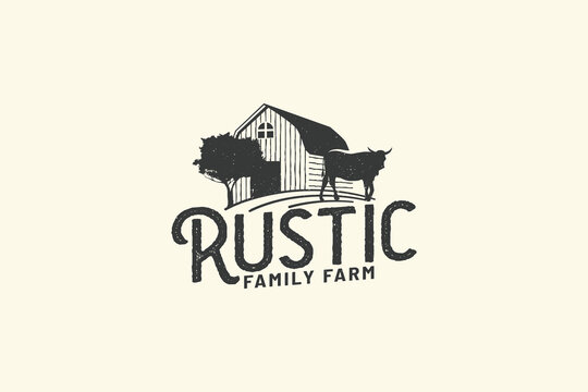 rustic farm logo with a combination of field, cow and barn in vintage style.