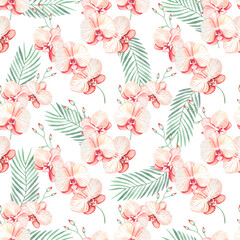 Seamless floral pattern with orchids, watercolor