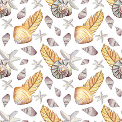 Seamless pattern in sea style with shells, starfish